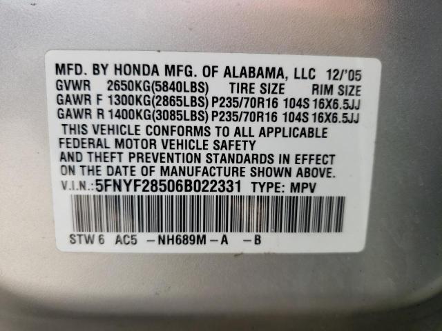 Photo 10 from auction – 2006 HONDA PILOT EX with VIN 5FNYF28506B022331