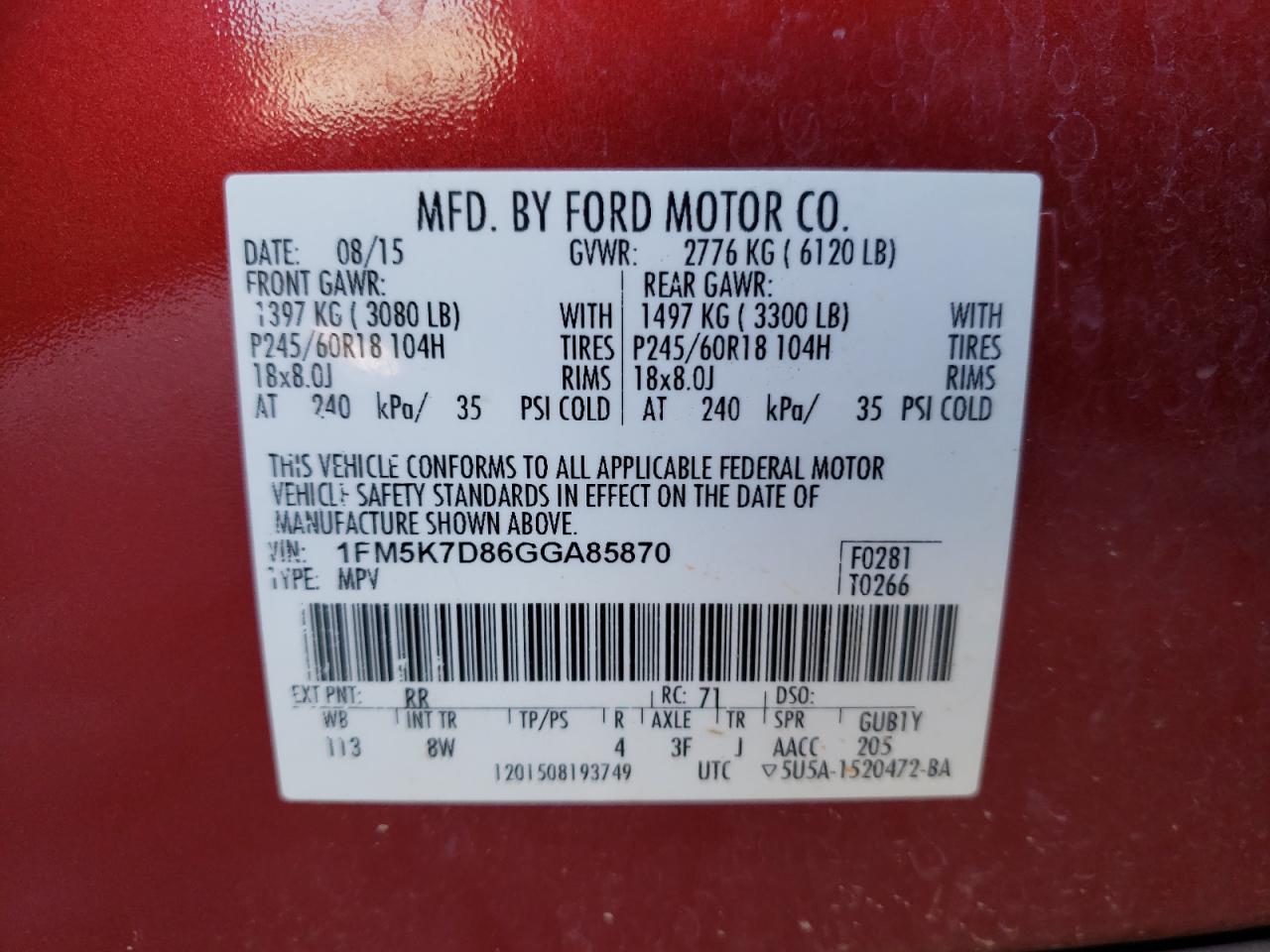 Photo 10 from auction – 2016 FORD EXPLORER X with VIN 1FM5K7D86GGA85870