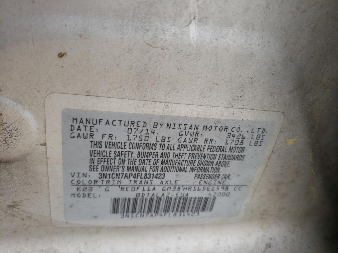 Photo 10 from auction – 2015 NISSAN VERSA S with VIN 3N1CN7AP4FL831423