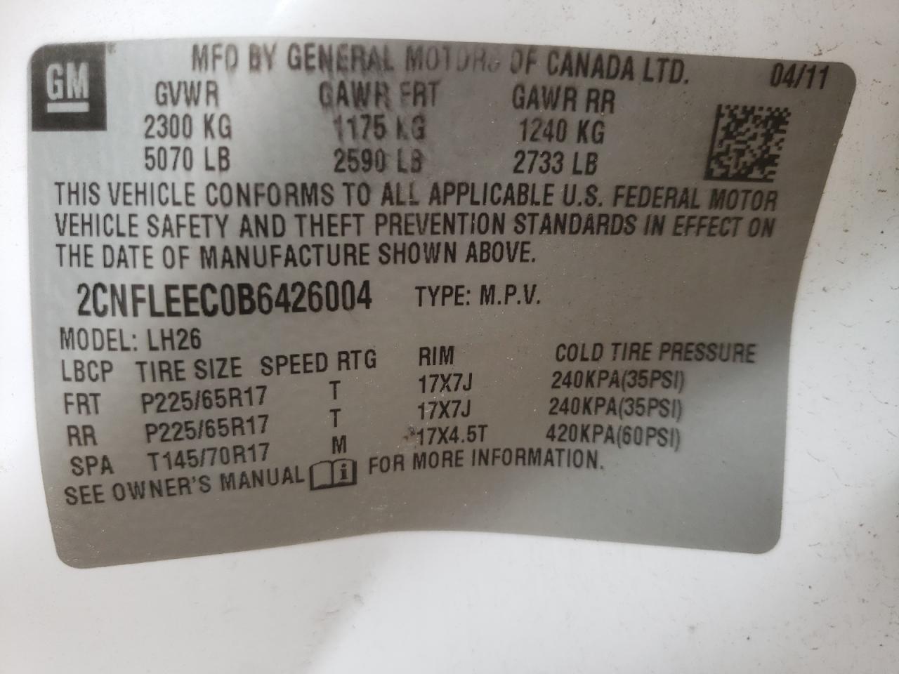 Photo 10 from auction – 2011 CHEVROLET EQUINOX LT with VIN 2CNFLEEC0B6426004