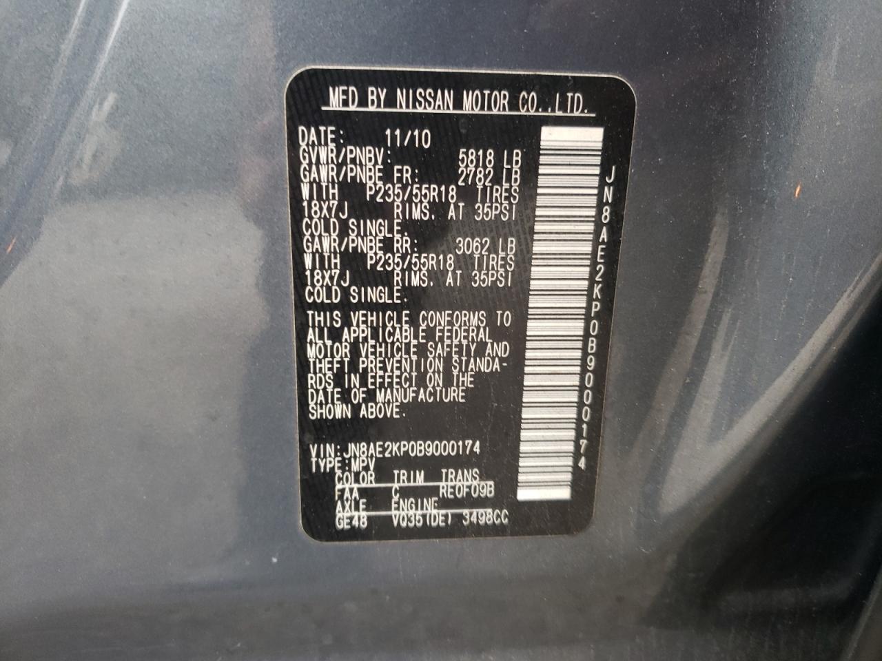 Photo 10 from auction – 2011 NISSAN QUEST S with VIN JN8AE2KP0B9000174
