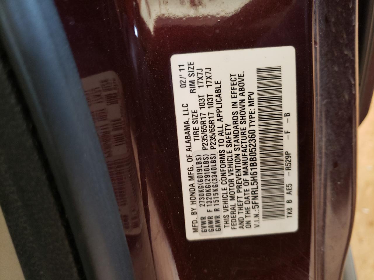 Photo 10 from auction – 2011 HONDA ODYSSEY EX with VIN 5FNRL5H61BB052360