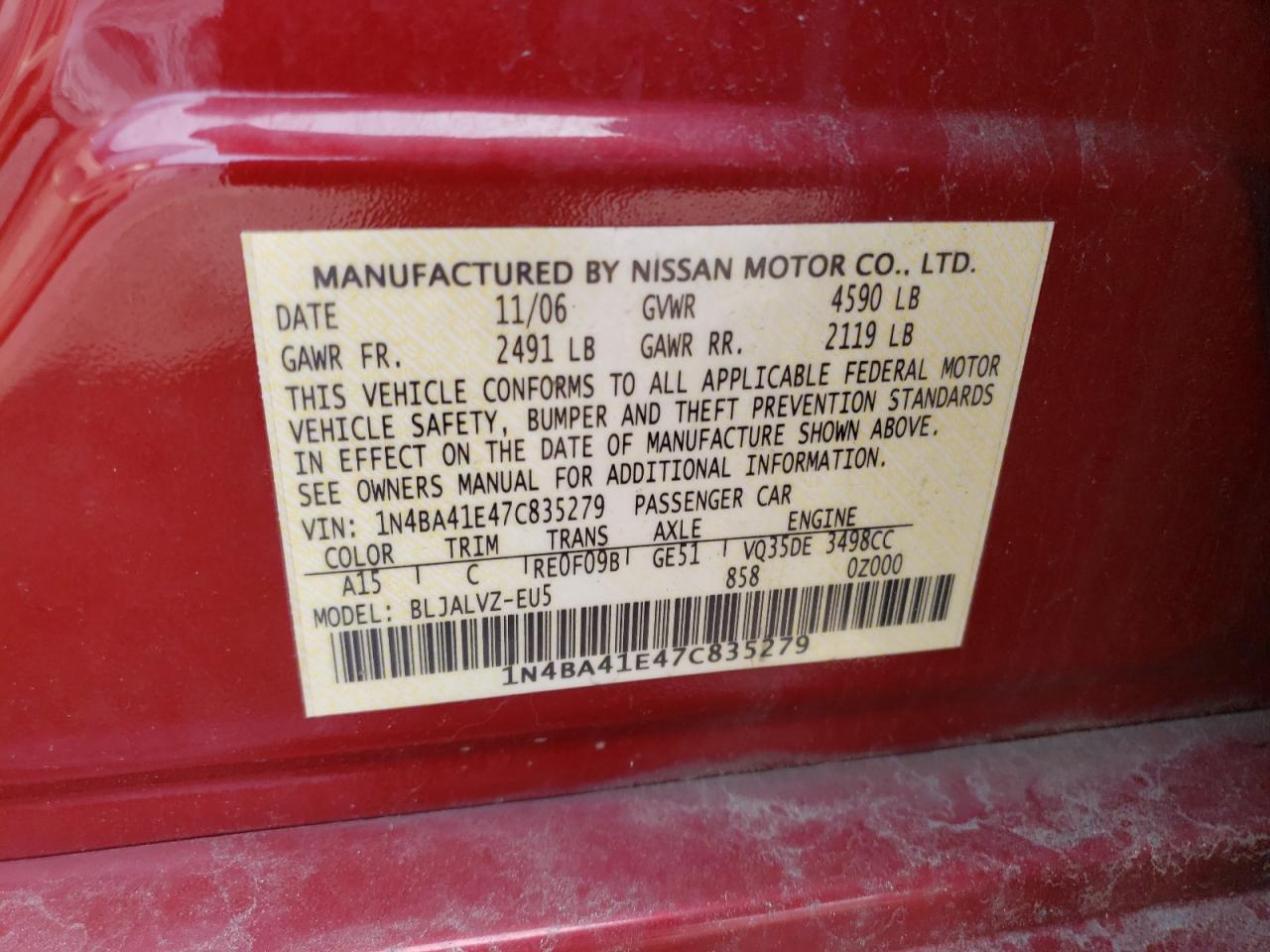 Photo 10 from auction – 2007 NISSAN MAXIMA SE with VIN 1N4BA41E47C835279