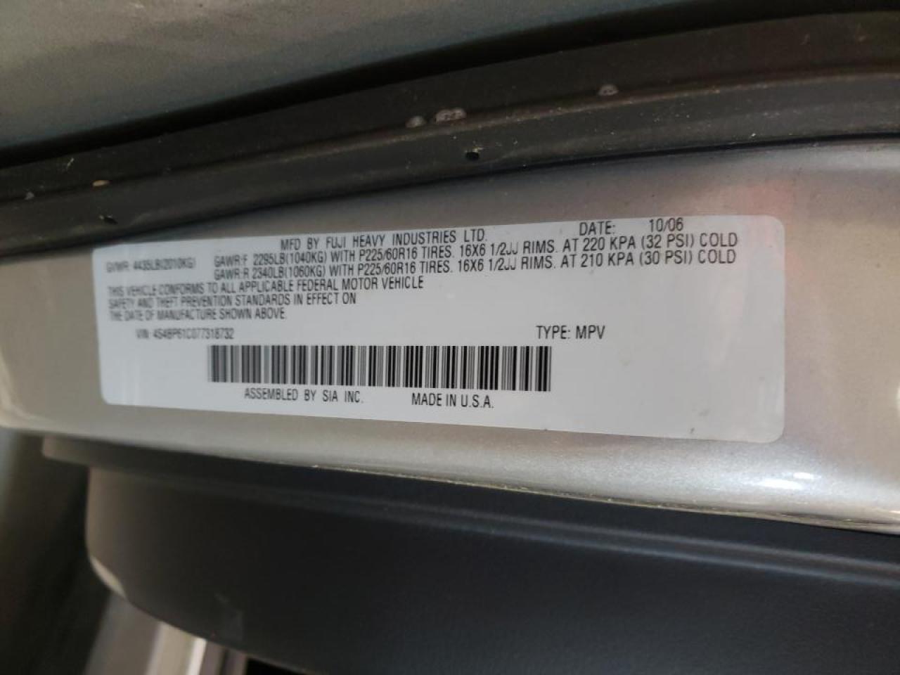 Photo 10 from auction – 2007 SUBARU LEGACY OUT with VIN 4S4BP61C077318732