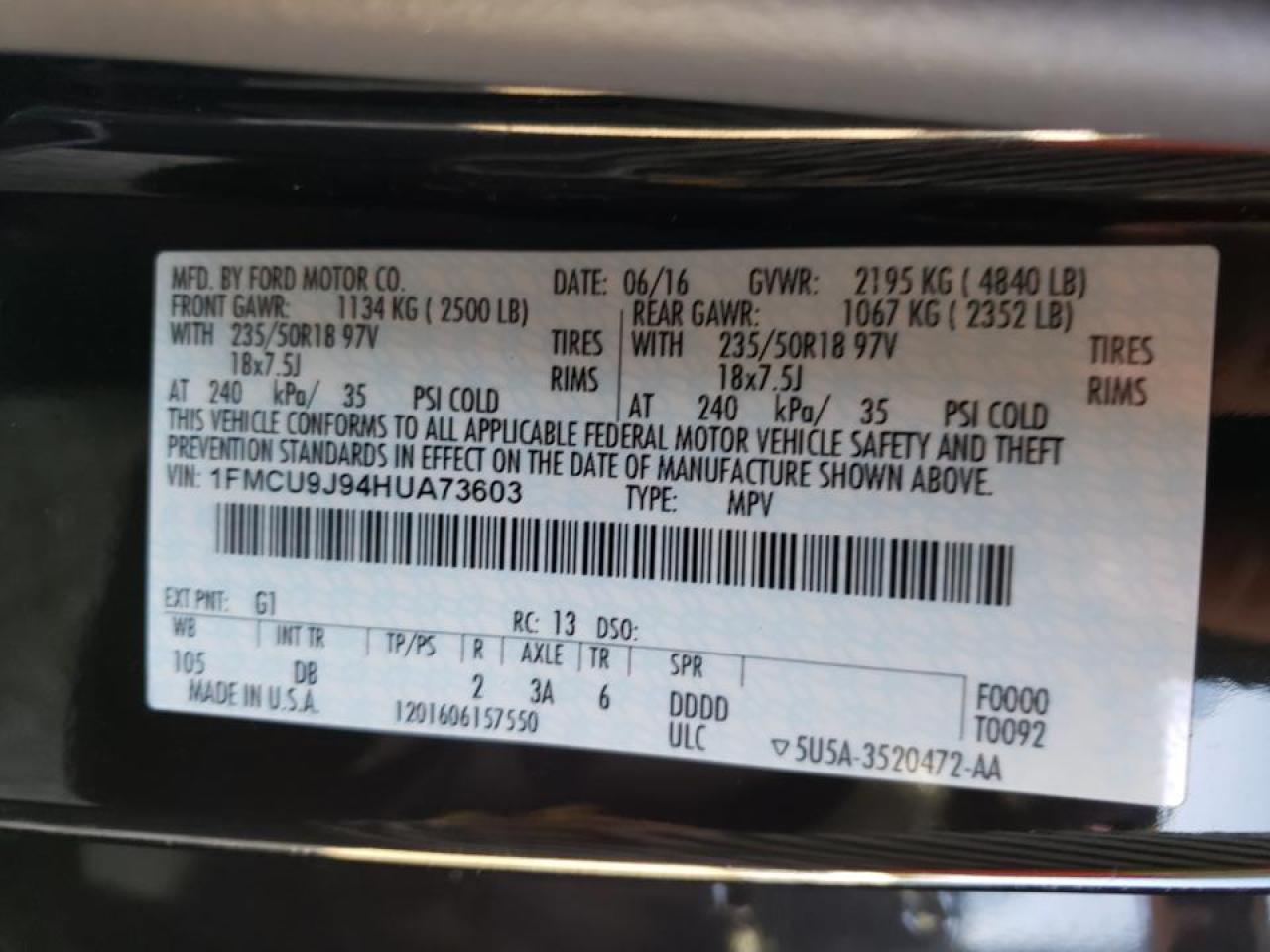 Photo 10 from auction – 2017 FORD ESCAPE TIT with VIN 1FMCU9J94HUA73603
