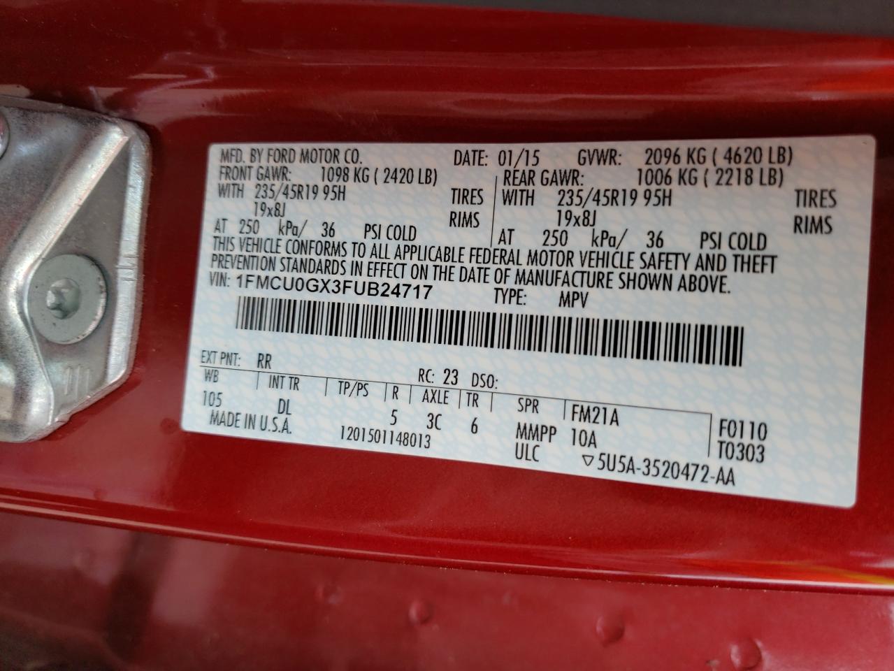 Photo 10 from auction – 2015 FORD ESCAPE SE with VIN 1FMCU0GX3FUB24717
