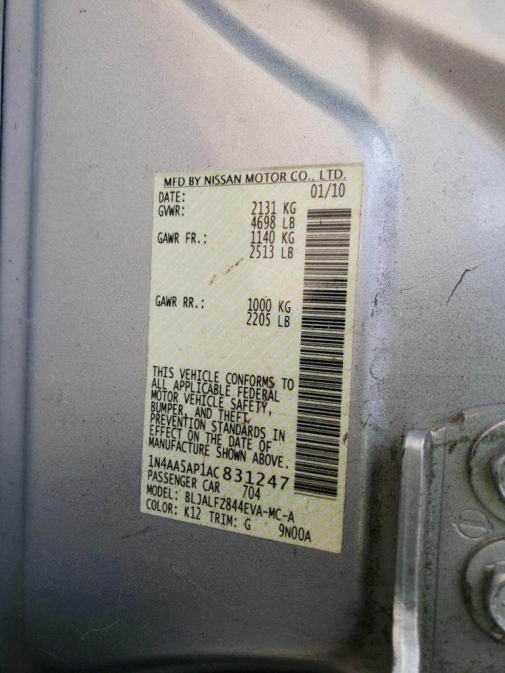Photo 10 from auction – 2010 NISSAN MAXIMA S with VIN 1N4AA5AP1AC831247