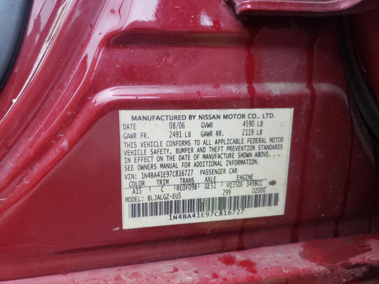 Photo 10 from auction – 2007 NISSAN MAXIMA SE with VIN 1N4BA41E97C816727