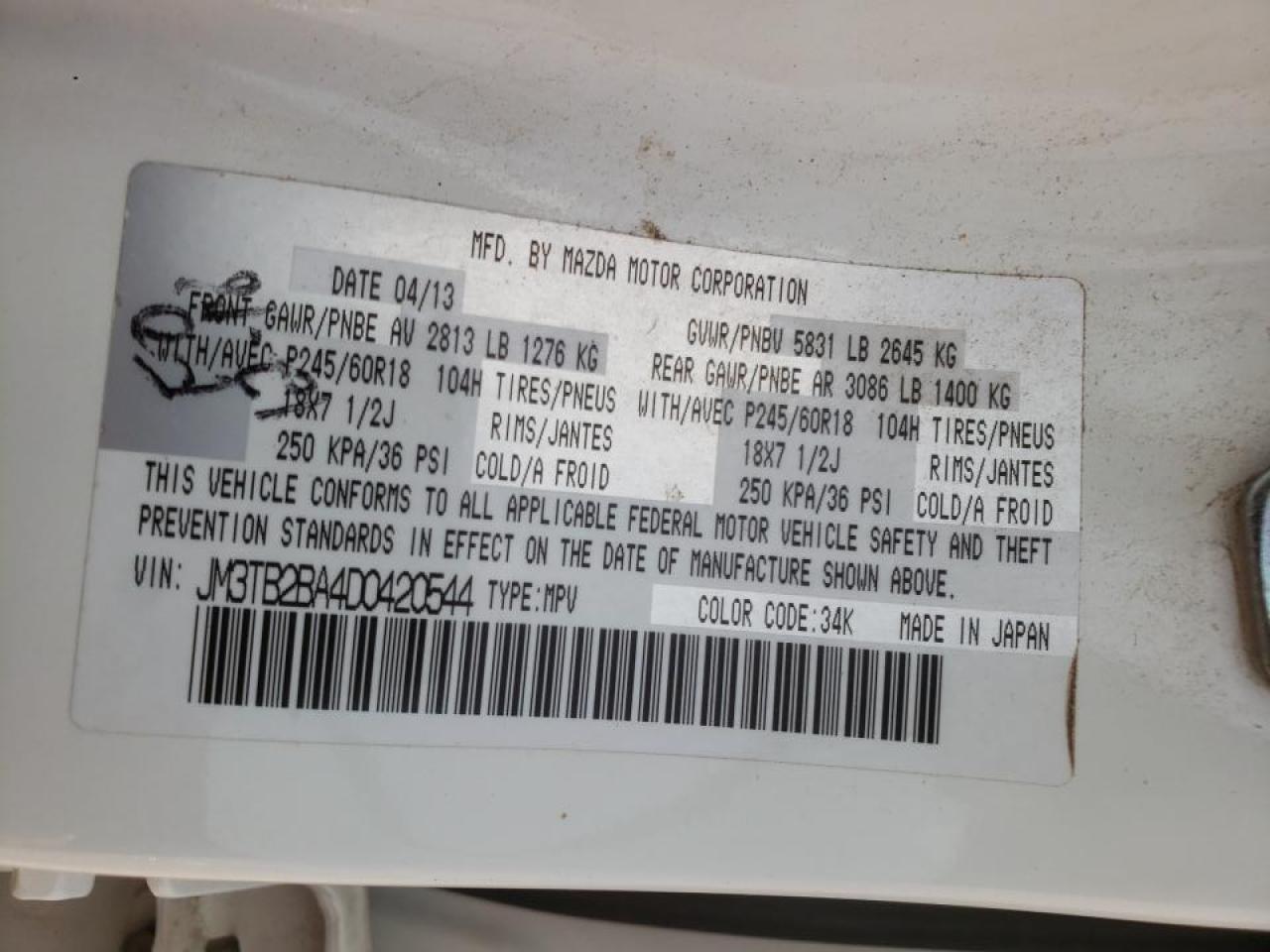 Photo 10 from auction – 2013 MAZDA CX-9 SPORT with VIN JM3TB2BA4D0420544