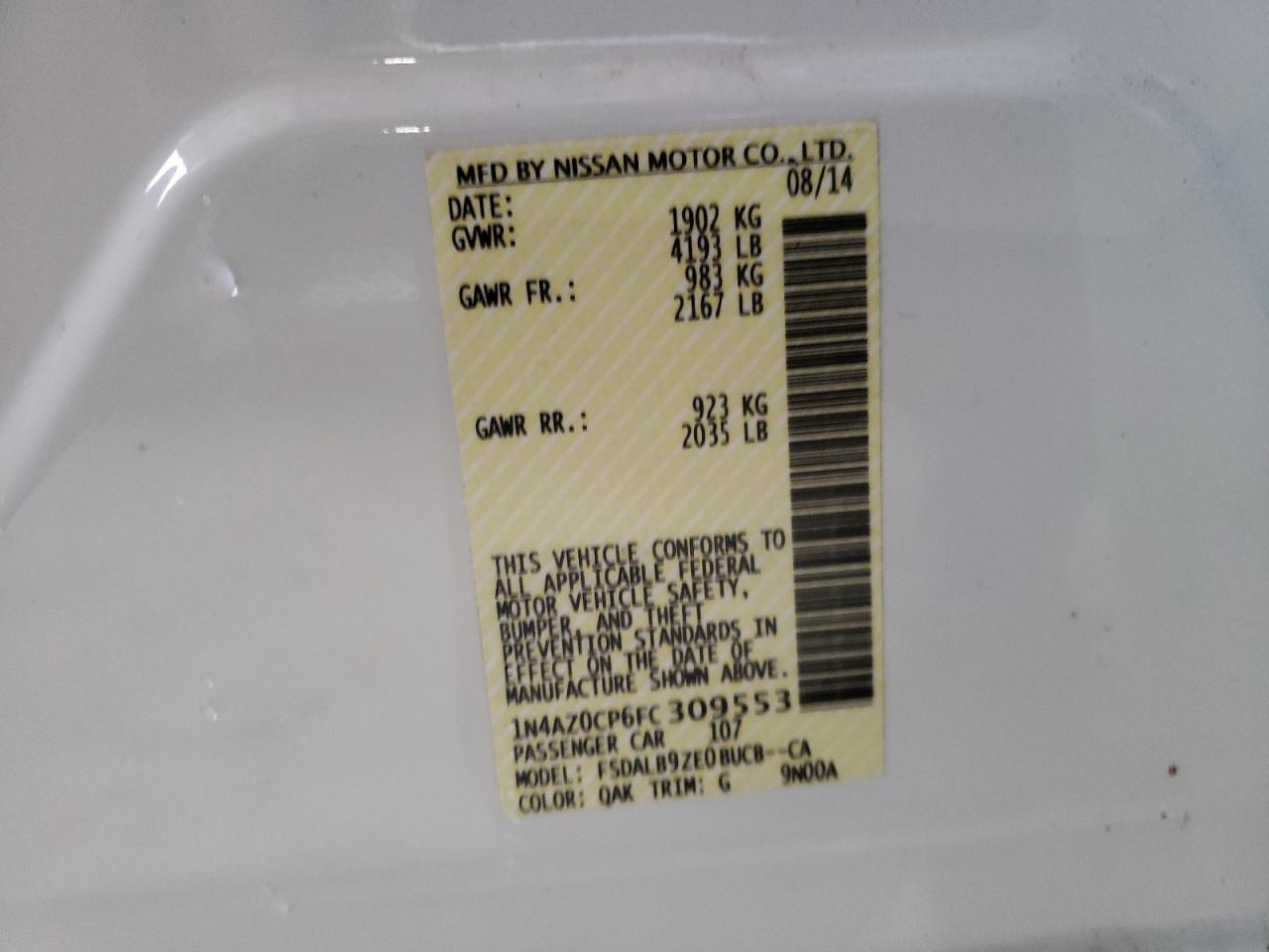 Photo 10 from auction – 2015 NISSAN LEAF S with VIN 1N4AZ0CP6FC309553