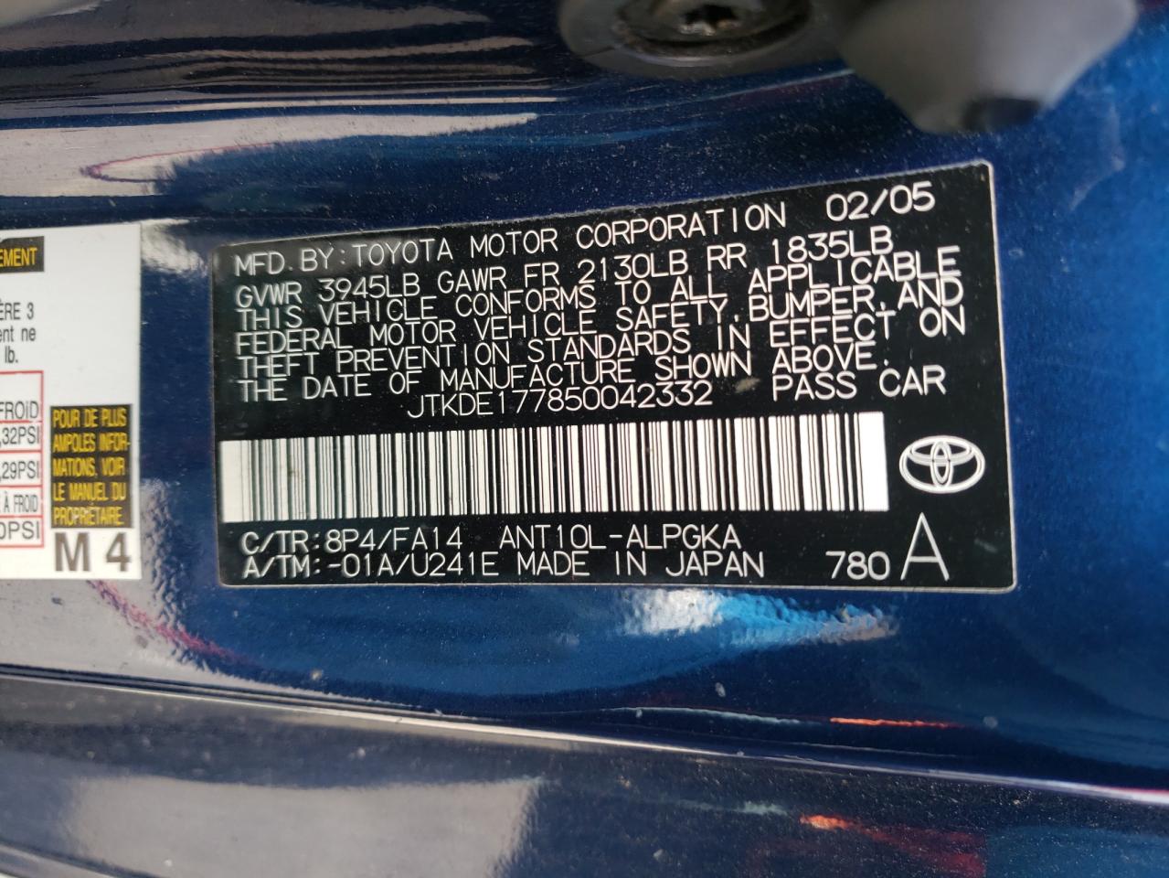 Photo 10 from auction – 2005 SCION TC with VIN JTKDE177850042332