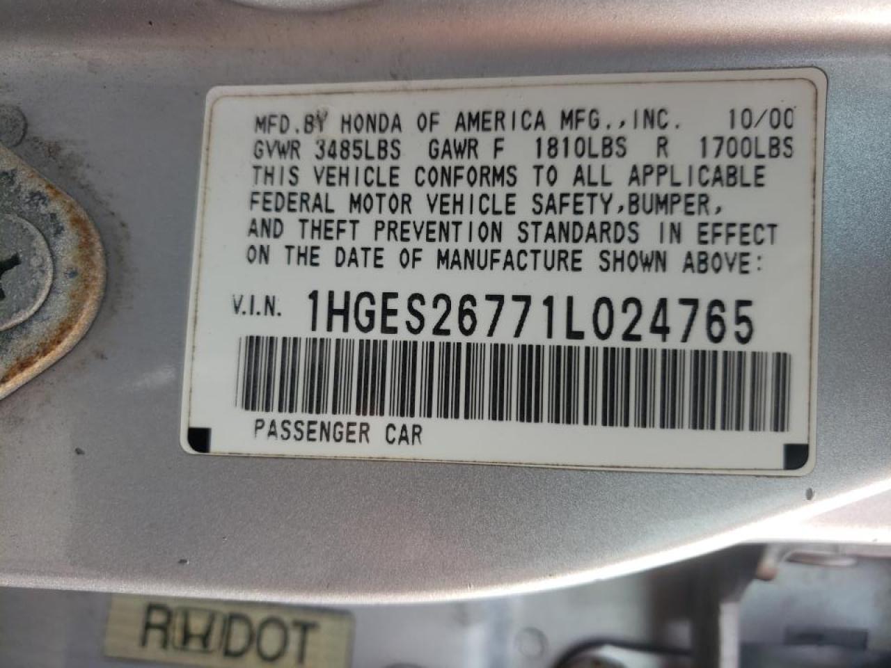 Photo 10 from auction – 2001 HONDA CIVIC EX with VIN 1HGES26771L024765