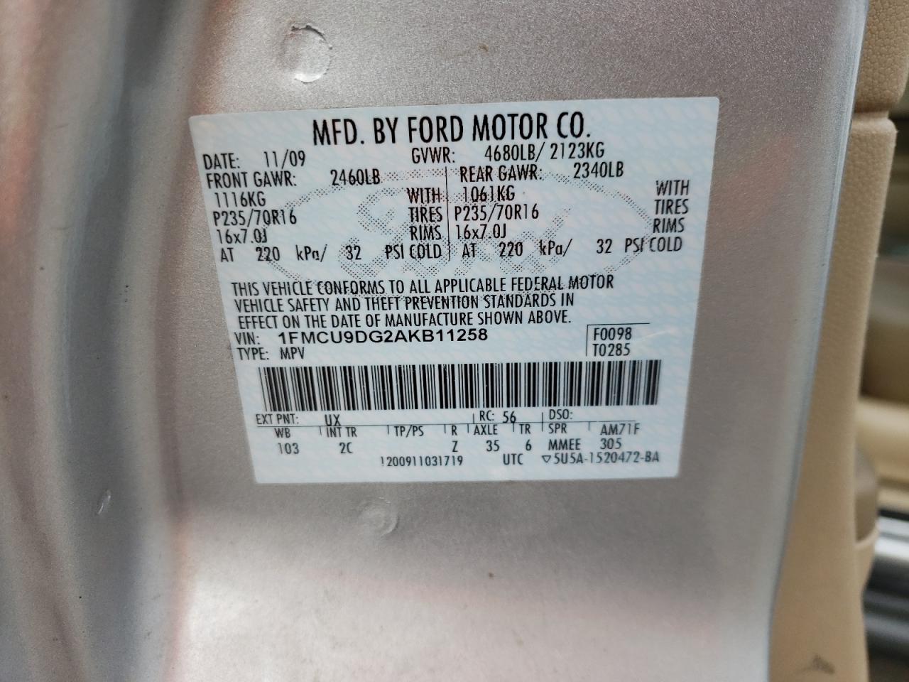 صورة رقم 10 من المزاد - 2010 FORD ESCAPE XLT مع VIN 1FMCU9DG2AKB11258