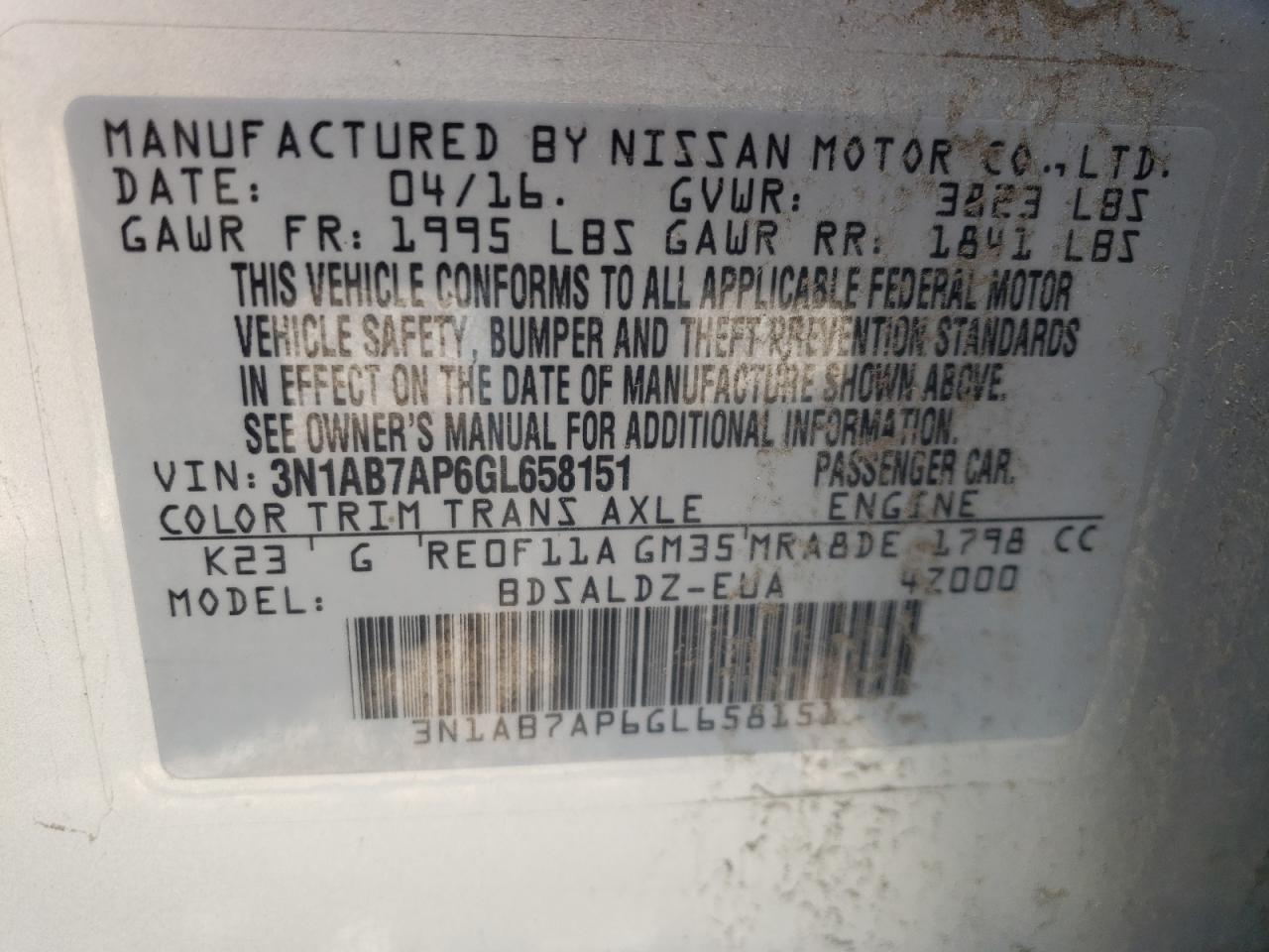Photo 10 from auction – 2016 NISSAN SENTRA S with VIN 3N1AB7AP6GL658151