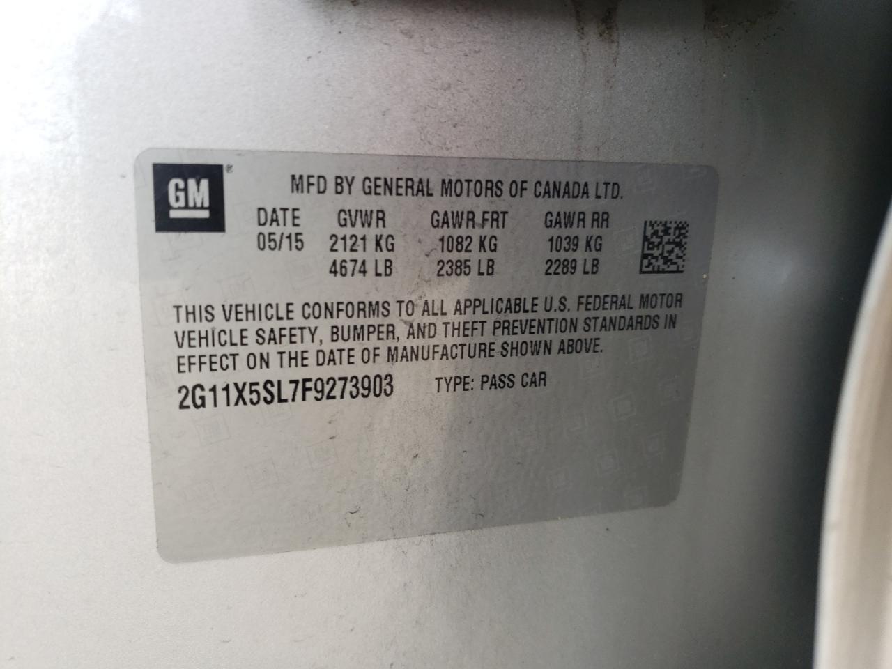 Photo 10 from auction – 2015 CHEVROLET IMPALA LS with VIN 2G11X5SL7F9273903