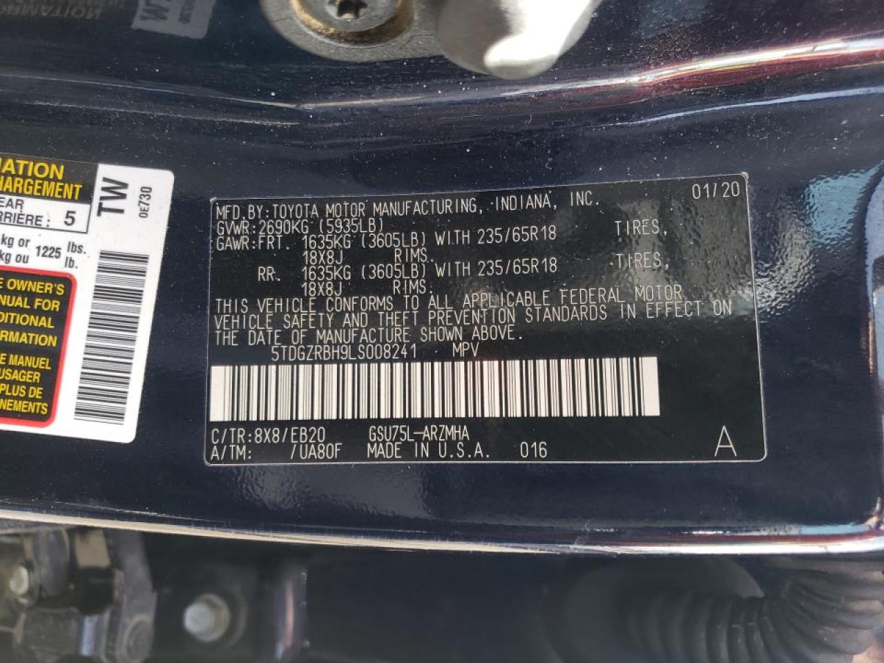Photo 10 from auction – 2020 TOYOTA HIGHLANDER with VIN 5TDGZRBH9LS008241