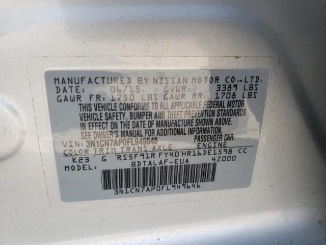 Photo 10 from auction – 2015 NISSAN VERSA S with VIN 3N1CN7AP0FL949646
