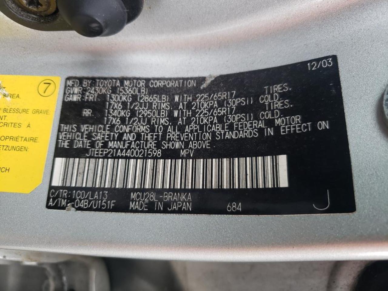 Photo 10 from auction – 2004 TOYOTA HIGHLANDER with VIN JTEEP21A440021598