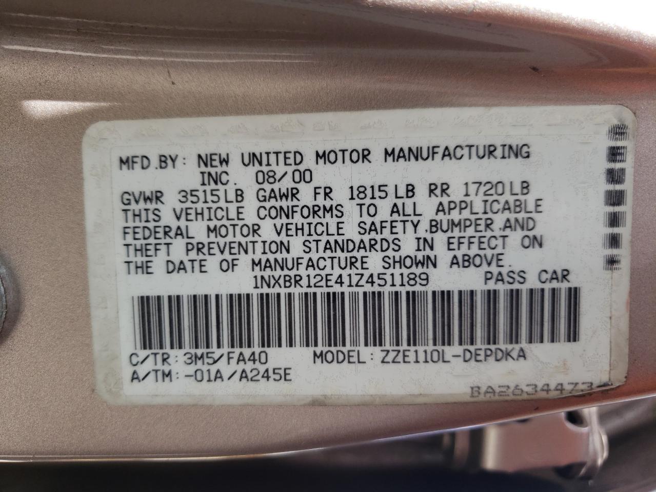 Photo 10 from auction – 2001 TOYOTA COROLLA CE with VIN 1NXBR12E41Z451189