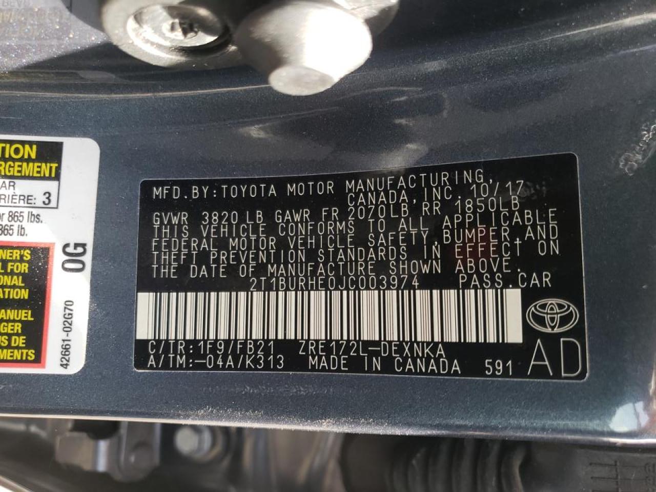 Photo 10 from auction – 2018 TOYOTA COROLLA L with VIN 2T1BURHE0JC003974