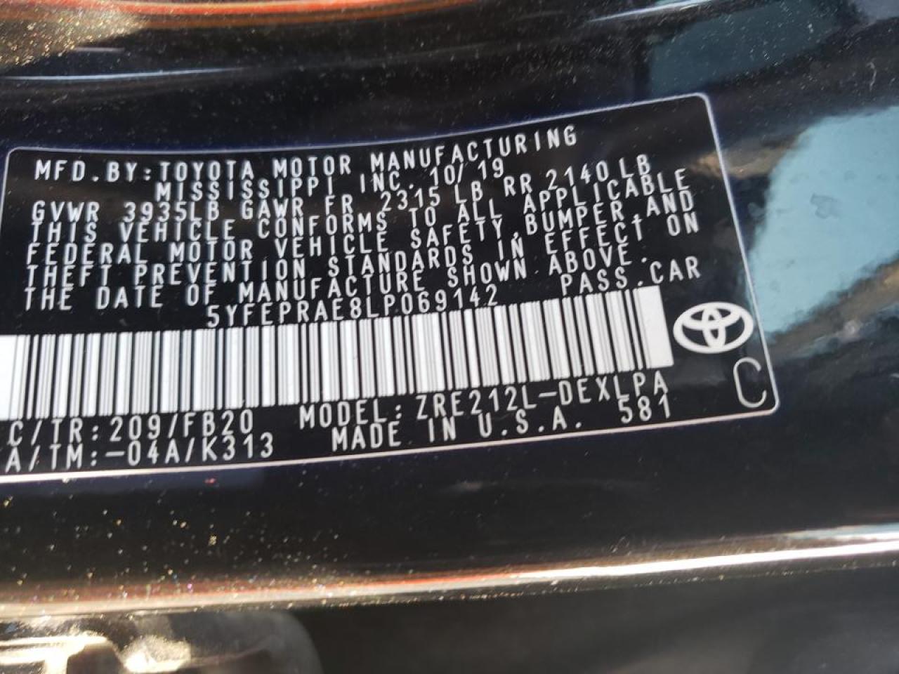 Photo 10 from auction – 2020 TOYOTA COROLLA LE with VIN 5YFEPRAE8LP069142