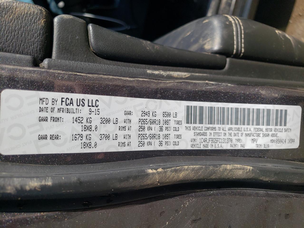 Photo 10 from auction – 2015 JEEP GRAND CHER with VIN 1C4RJFBG5FC131370