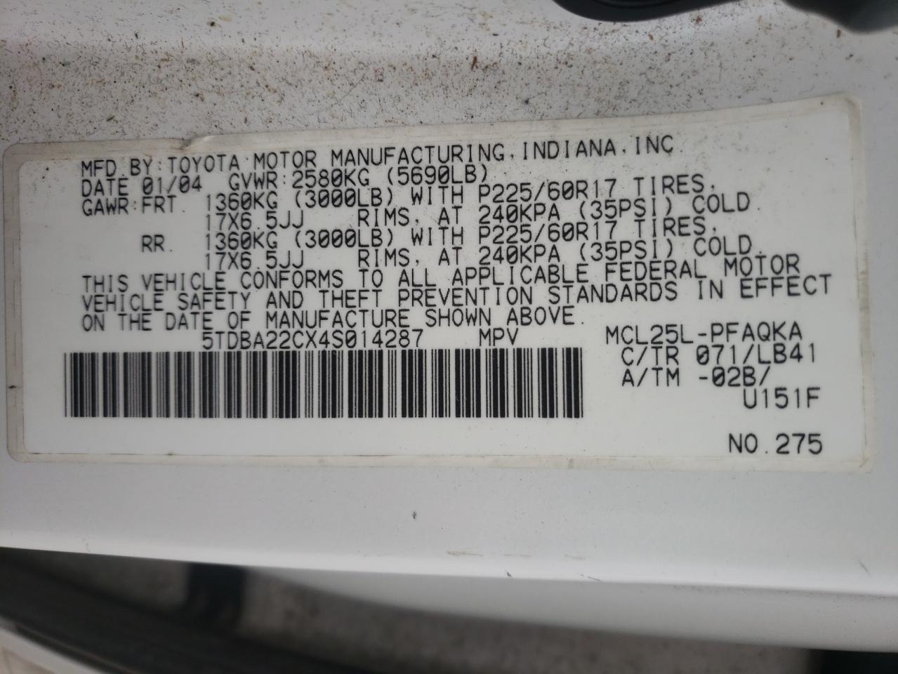 Photo 10 from auction – 2004 TOYOTA SIENNA XLE with VIN 5TDBA22CX4S014287