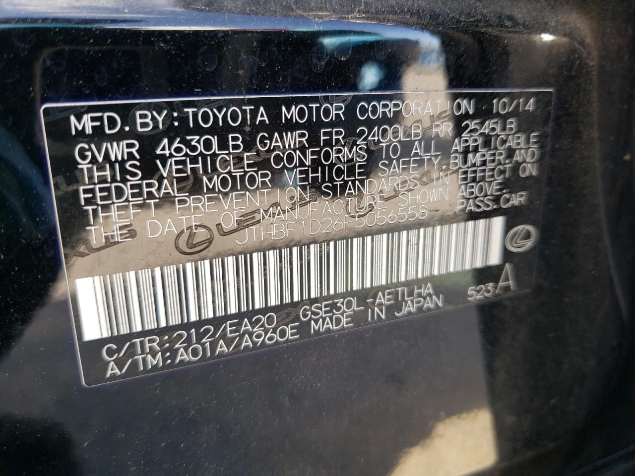 Photo 10 from auction – 2015 LEXUS IS 250 with VIN JTHBF1D26F5056558