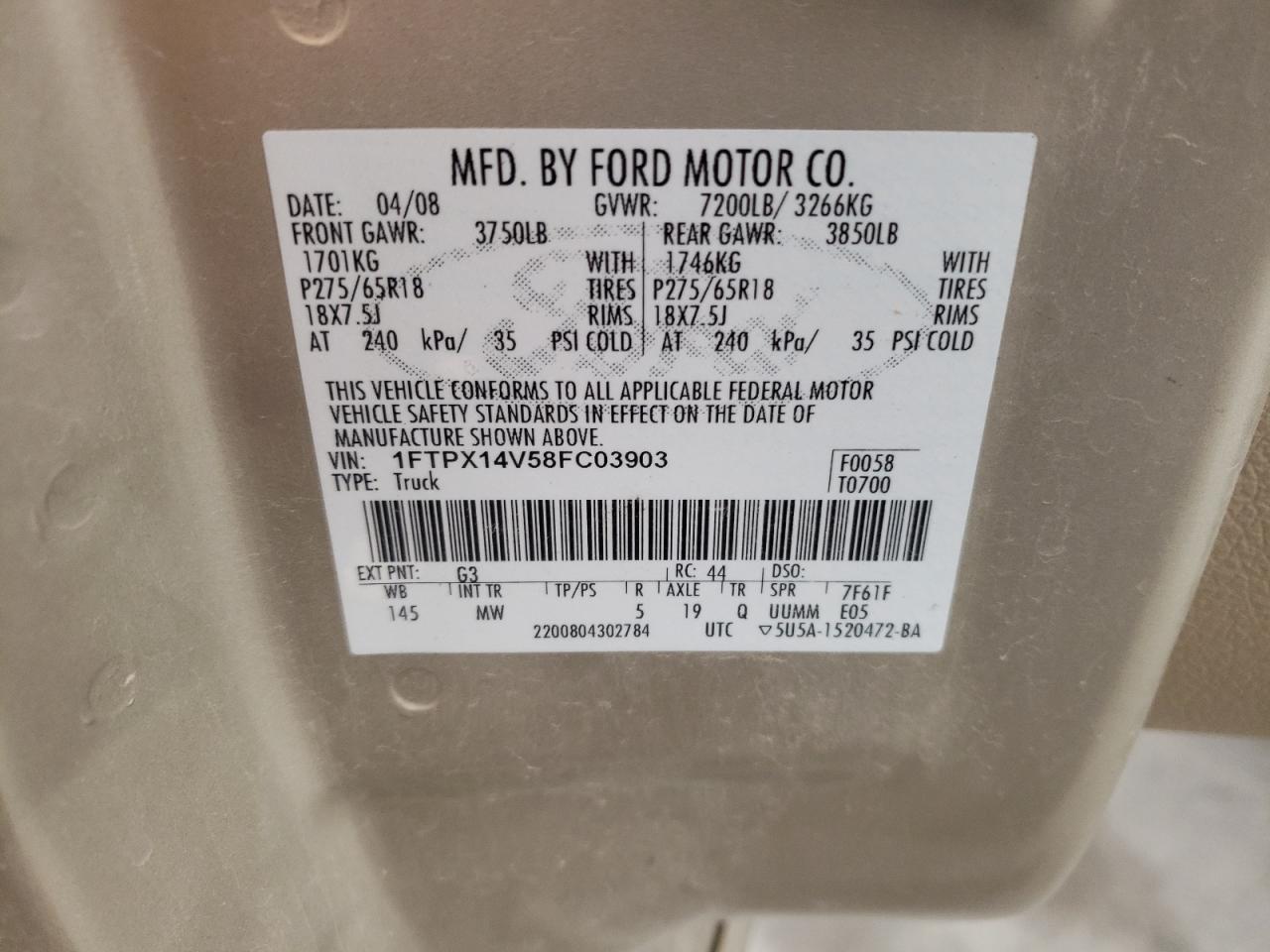 Photo 10 from auction – 2008 FORD F150 with VIN 1FTPX14V58FC03903