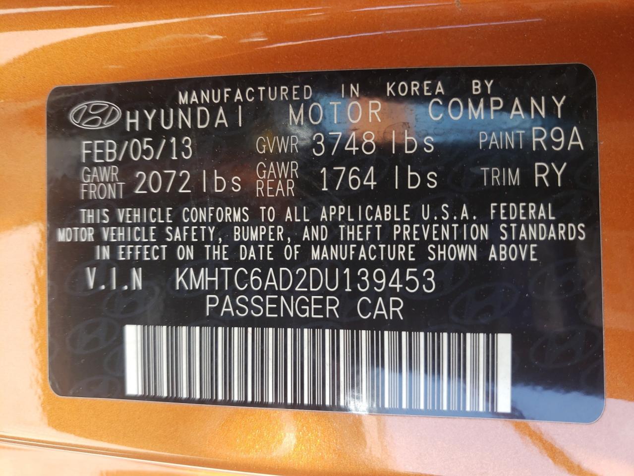Photo 10 from auction – 2013 HYUNDAI VELOSTER with VIN KMHTC6AD2DU139453