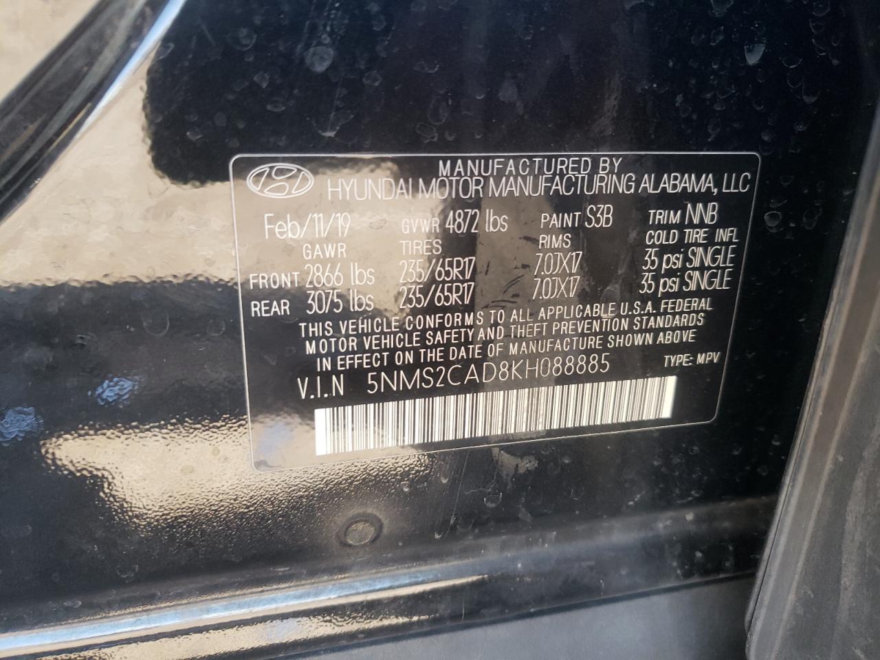 Photo 10 from auction – 2019 HYUNDAI SANTA FE S with VIN 5NMS2CAD8KH088885