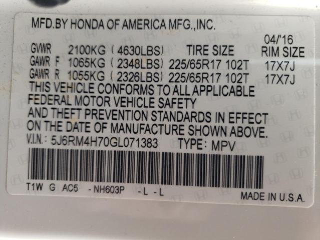 Photo 10 from auction – 2016 HONDA CR-V EXL with VIN 5J6RM4H70GL071383