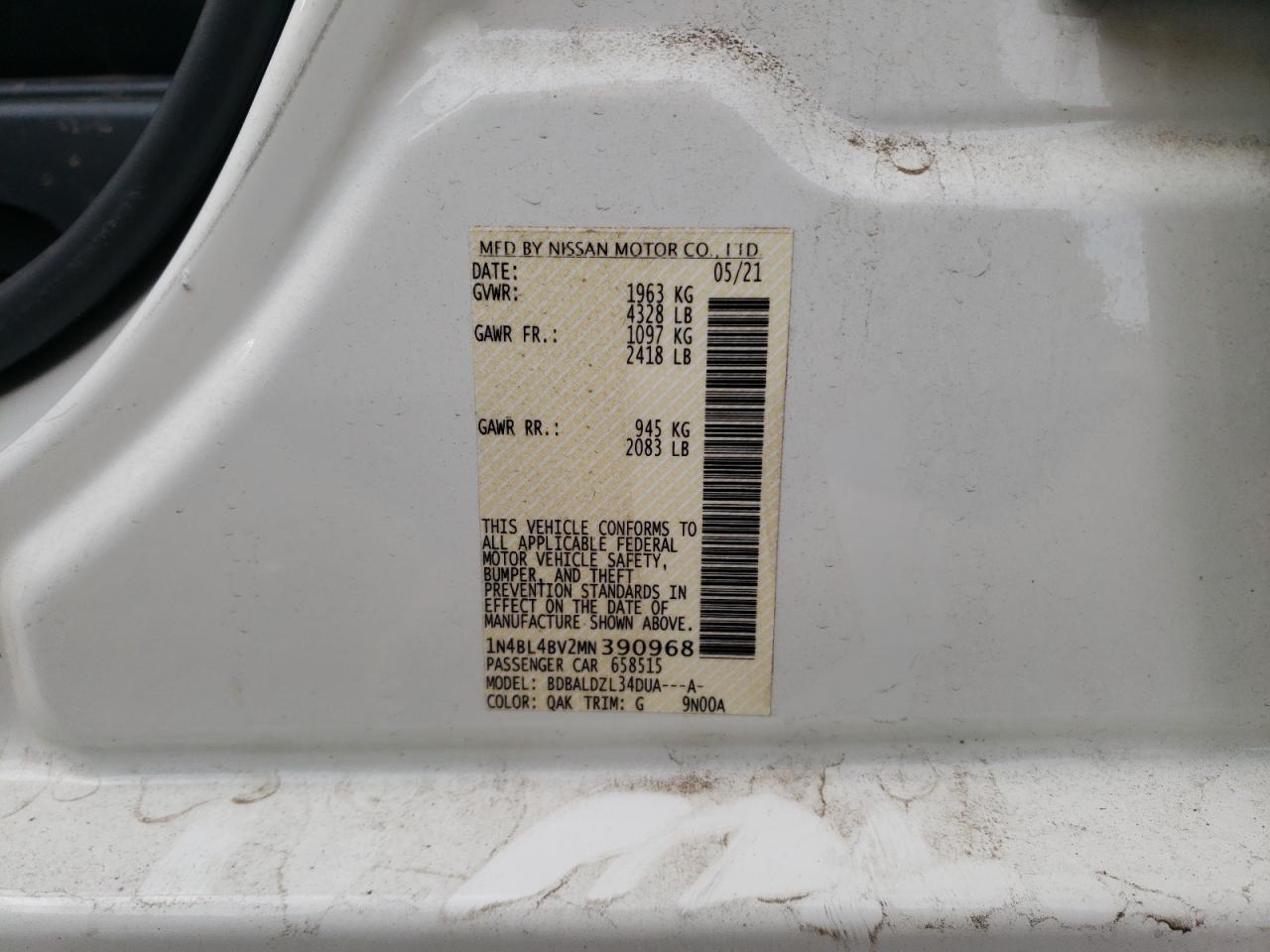 Photo 10 from auction – 2021 NISSAN ALTIMA S with VIN 1N4BL4BV2MN390968
