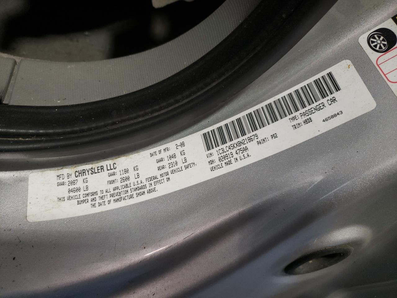 Photo 10 from auction – 2008 CHRYSLER SEBRING with VIN 1C3LC45KX8N218679
