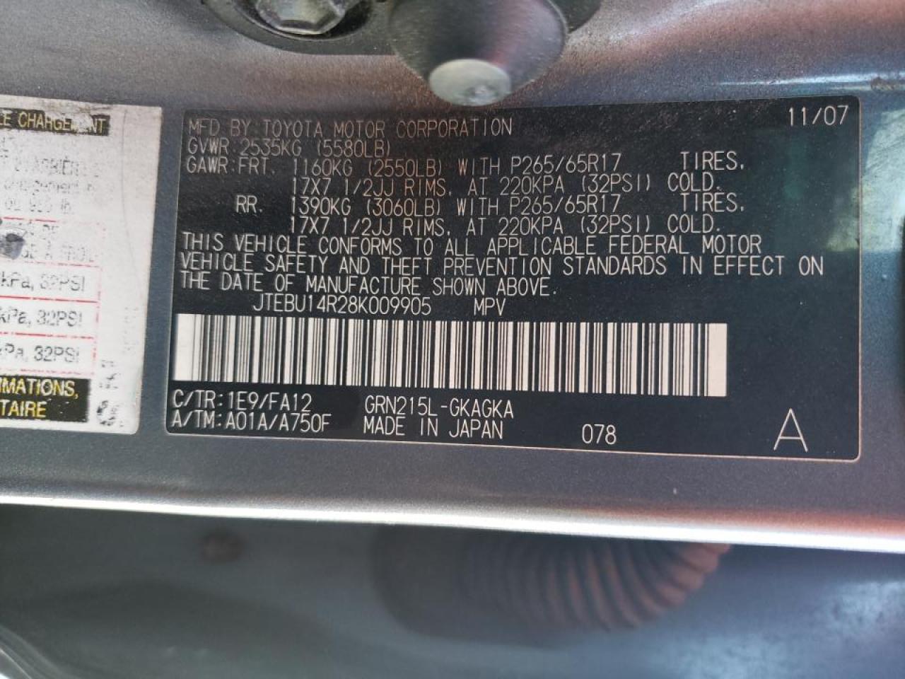 Photo 10 from auction – 2008 TOYOTA 4RUNNER SR with VIN JTEBU14R28K009905