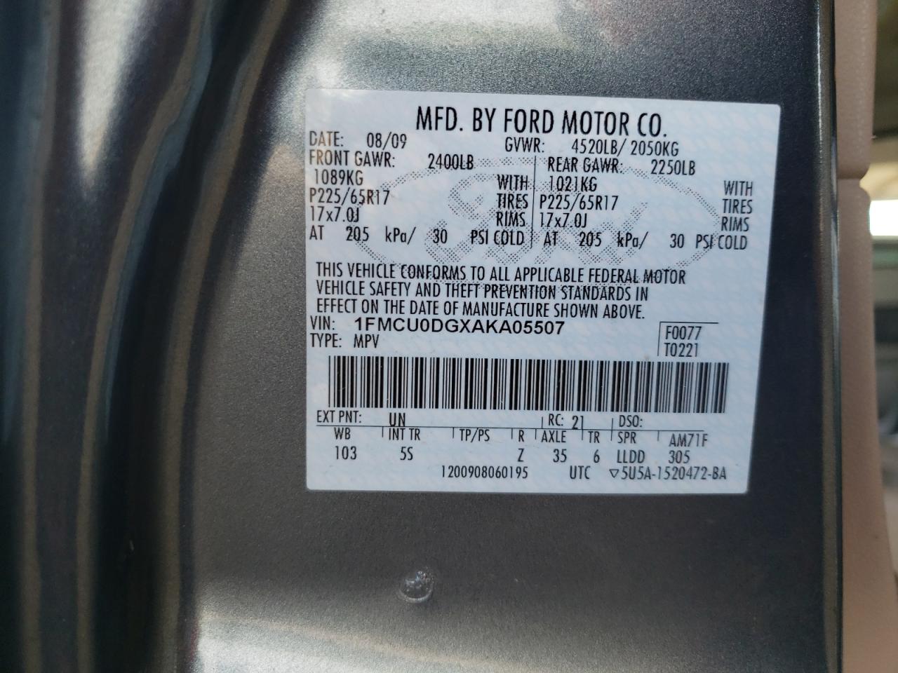 Photo 10 from auction – 2010 FORD ESCAPE XLT with VIN 1FMCU0DGXAKA05507