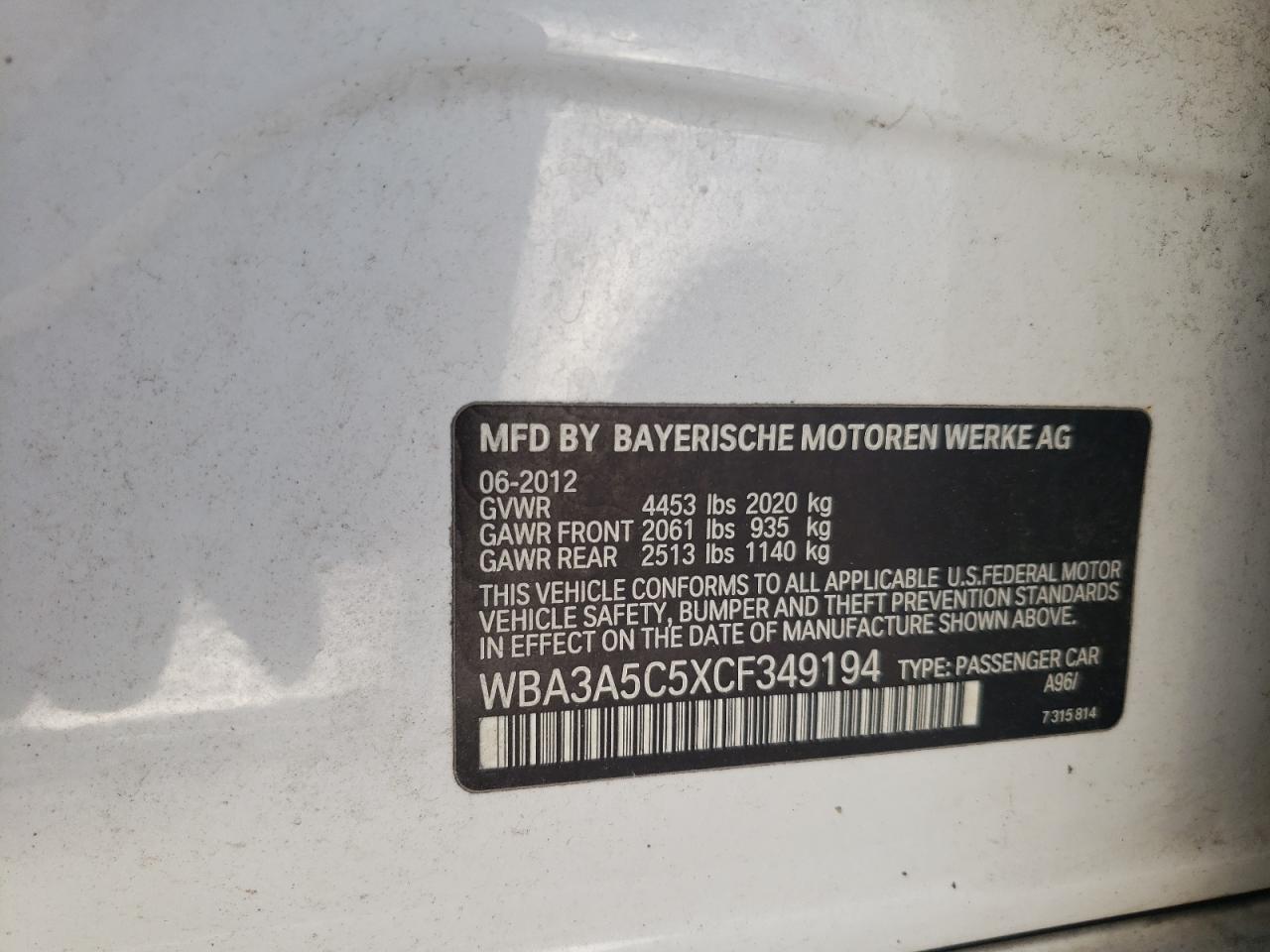 Photo 10 from auction – 2012 BMW 328 I with VIN WBA3A5C5XCF349194