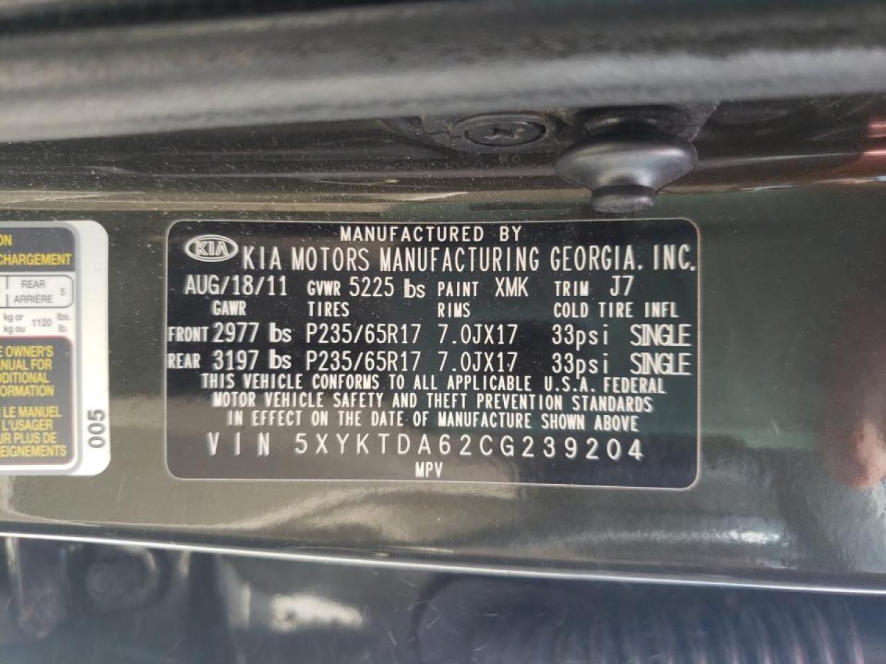 Photo 10 from auction – 2012 KIA SORENTO BA with VIN 5XYKTDA62CG239204