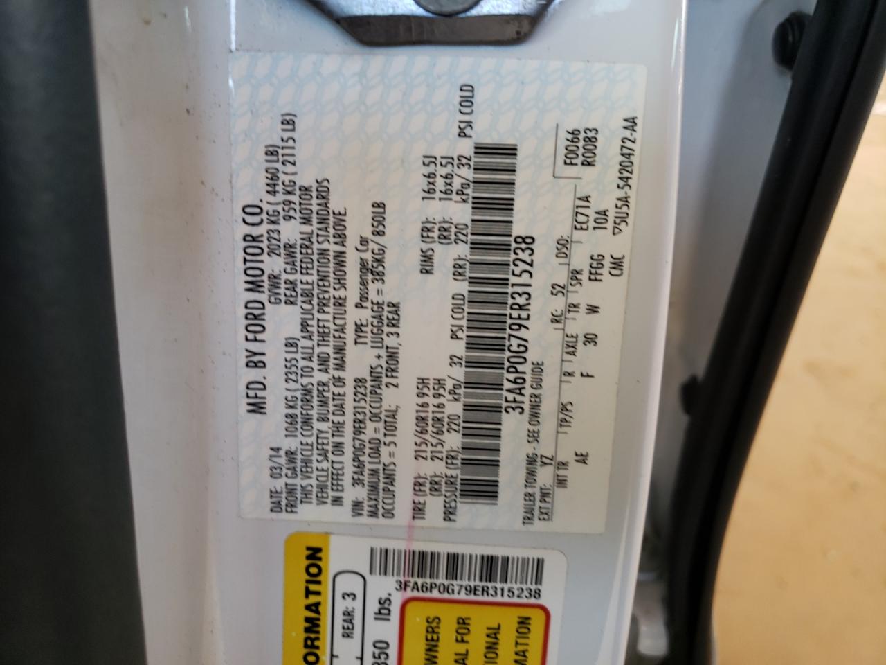 Photo 10 from auction – 2014 FORD FUSION S with VIN 3FA6P0G79ER315238