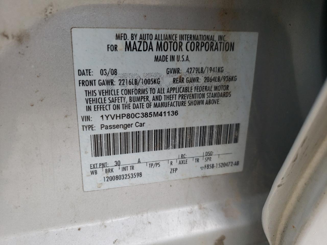 Photo 10 from auction – 2008 MAZDA 6 I with VIN 1YVHP80C385M41136