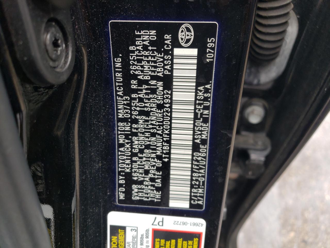 Photo 10 from auction – 2013 TOYOTA CAMRY L with VIN 4T1BF1FK0DU234932