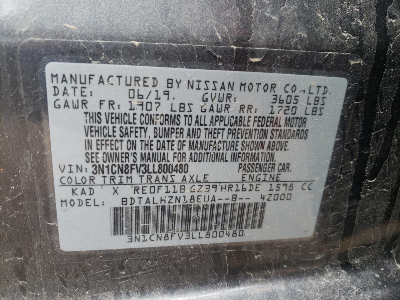 Photo 10 from auction – 2020 NISSAN VERSA SR with VIN 3N1CN8FV3LL800480