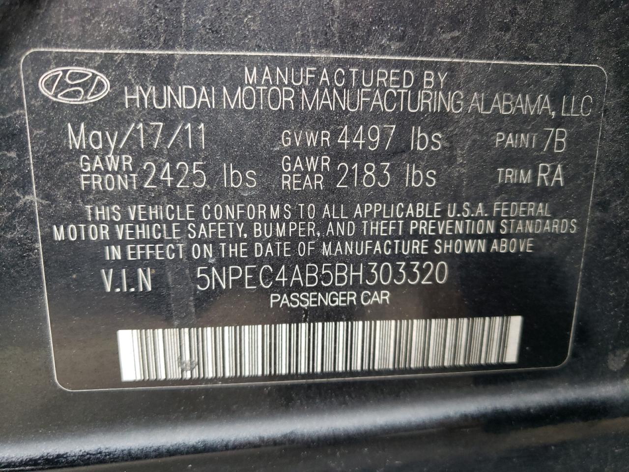Photo 10 from auction – 2011 HYUNDAI SONATA SE with VIN 5NPEC4AB5BH303320