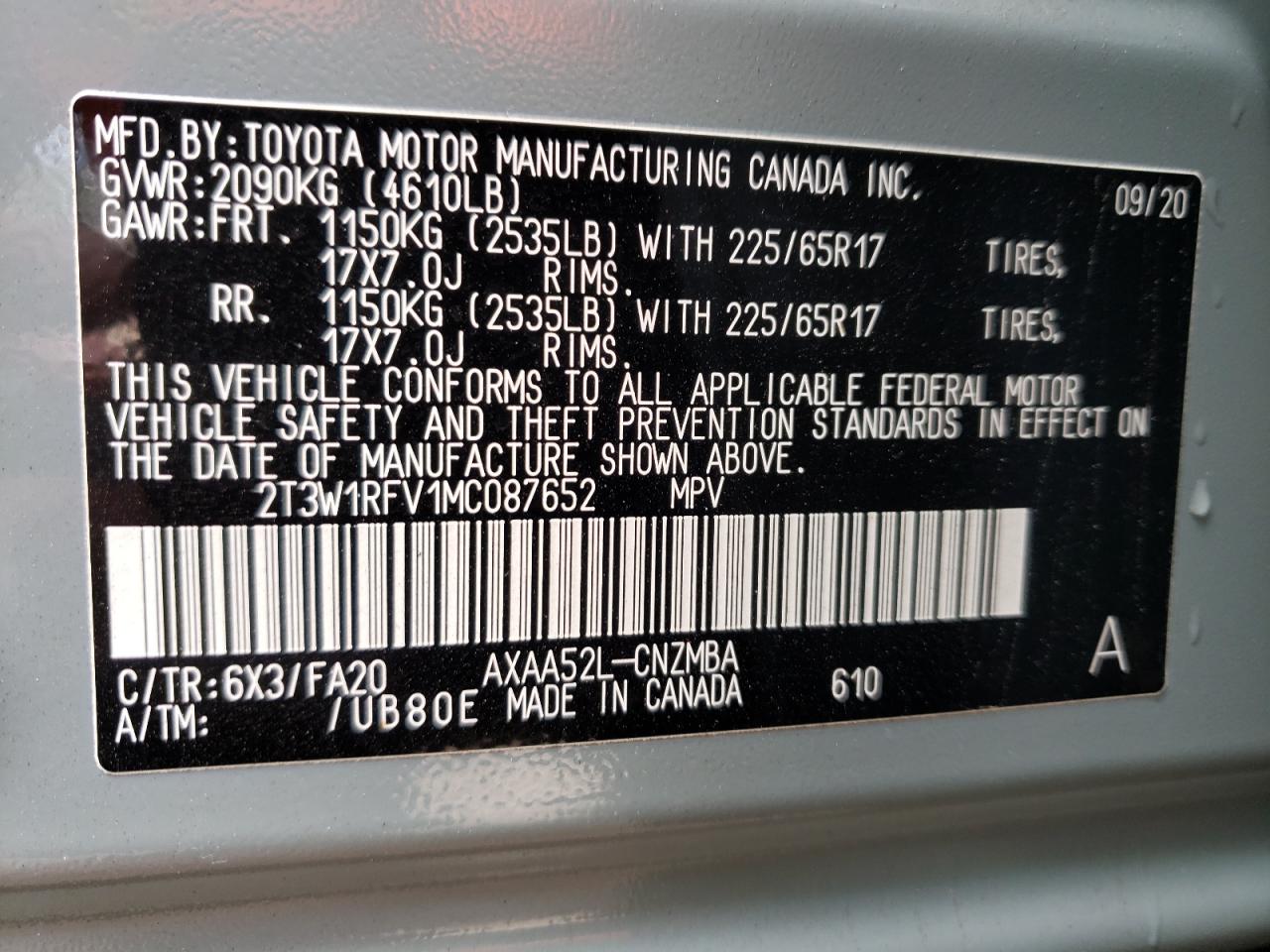 Photo 10 from auction – 2021 TOYOTA RAV4 XLE with VIN 2T3W1RFV1MC087652