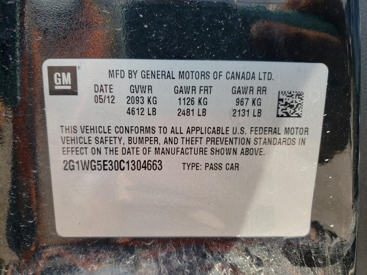 Photo 10 from auction – 2012 CHEVROLET IMPALA LT with VIN 2G1WG5E30C1304663