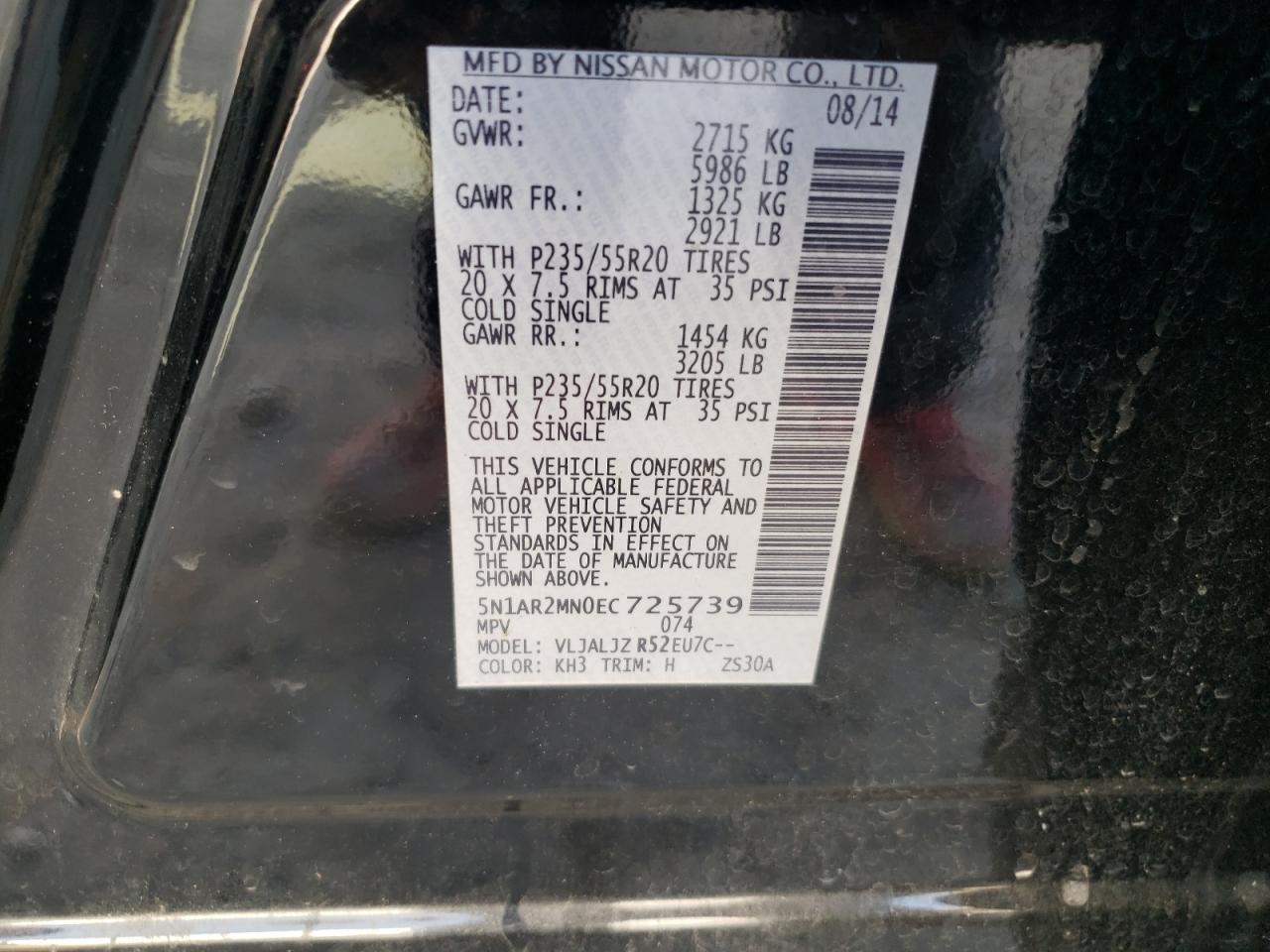 Photo 10 from auction – 2014 NISSAN PATHFINDER with VIN 5N1AR2MN0EC725739