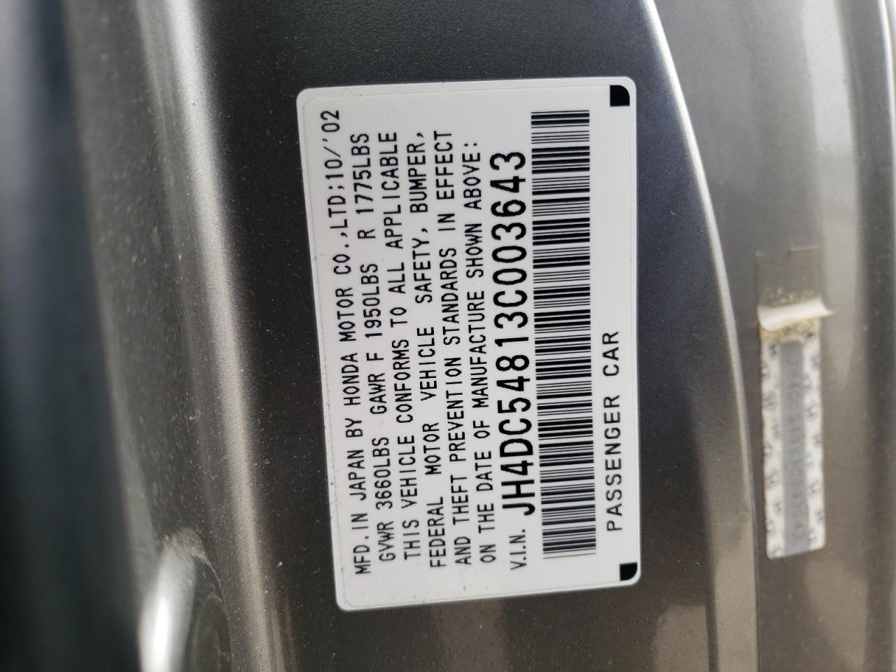 Photo 10 from auction – 2003 ACURA RSX with VIN JH4DC54813C003643
