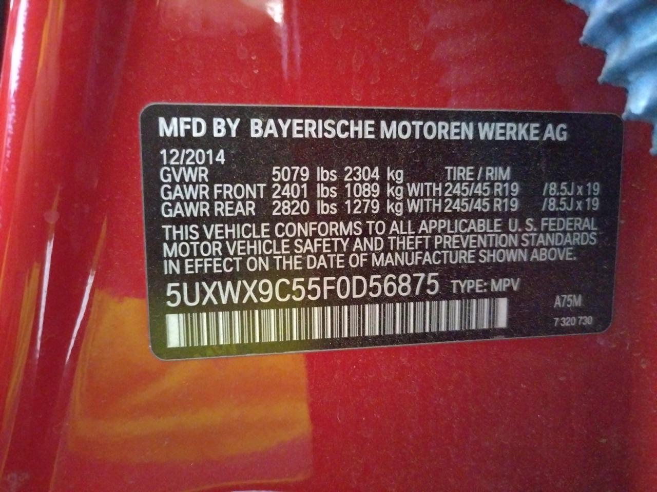 Photo 10 from auction – 2015 BMW X3 XDRIVE2 with VIN 5UXWX9C55F0D56875