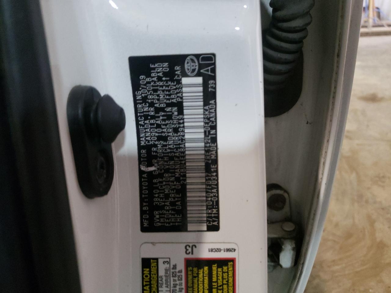 Photo 10 from auction – 2010 TOYOTA COROLLA BA with VIN 2T1BU4EE8AC289449
