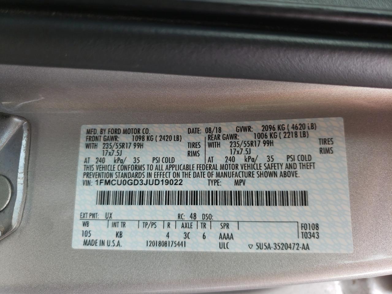 Photo 10 from auction – 2018 FORD ESCAPE SE with VIN 1FMCU0GD3JUD19022